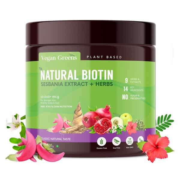 Vegan Greens Natural Plant Biotin 10,000+ Mcg Sesbania Agati, 14 Herbs & More. 100G, Classic Natural