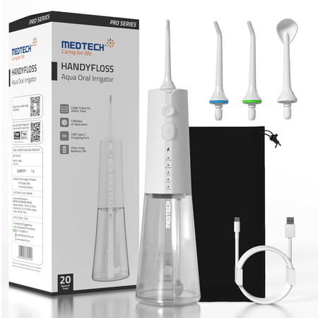 Medtech Handyfloss Aqua Water Flosser For Teeth | 300ml Large Water Tank | 5 Cleaning Modes | 3 Tips