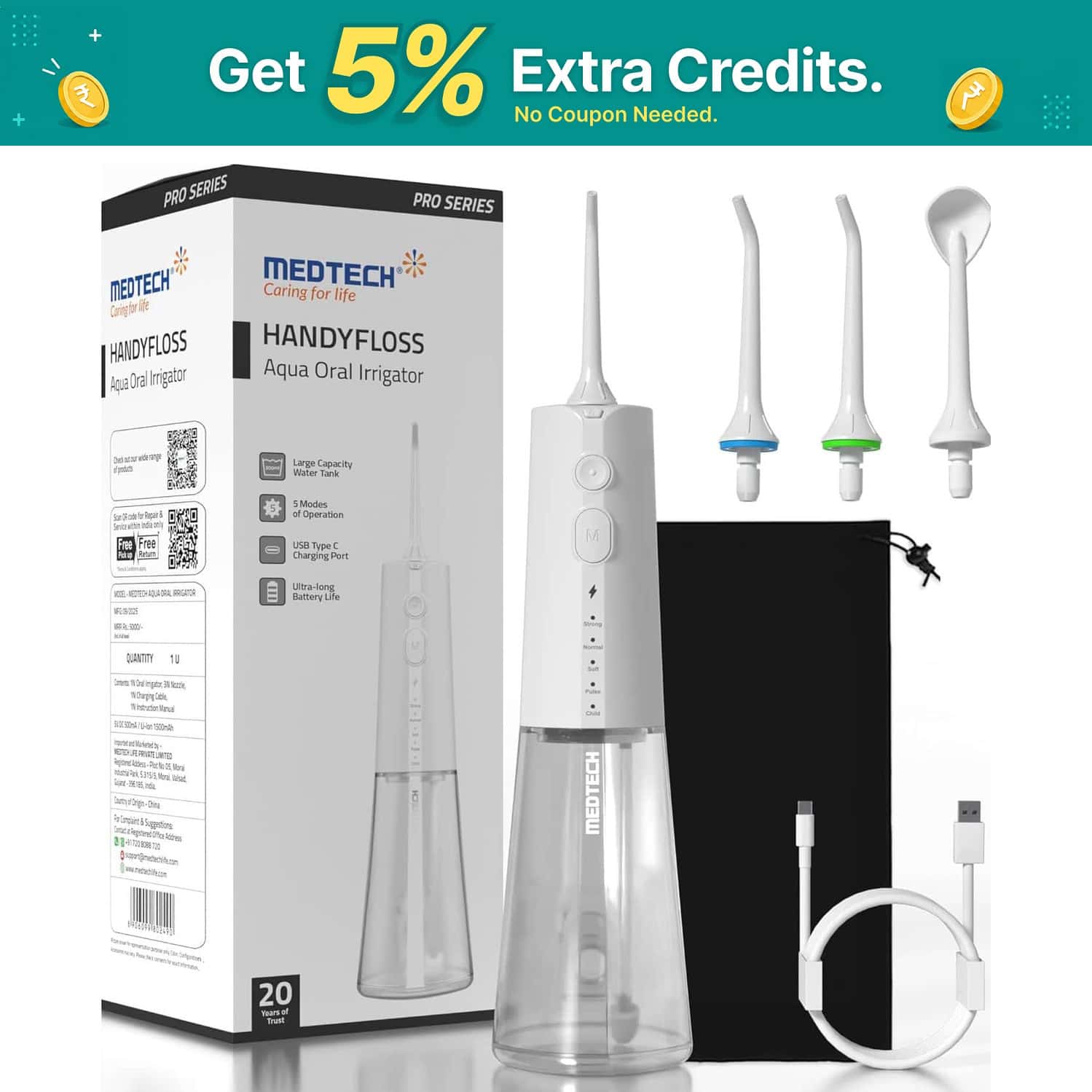Medtech Handyfloss Aqua Water Flosser For Teeth | 300ml Large Water Tank | 5 Cleaning Modes | 3 Tips