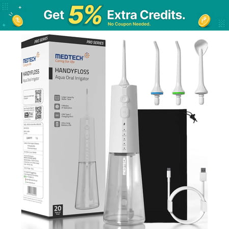 Medtech Handyfloss Aqua Water Flosser For Teeth | 300ml Large Water Tank | 5 Cleaning Modes | 3 Tips