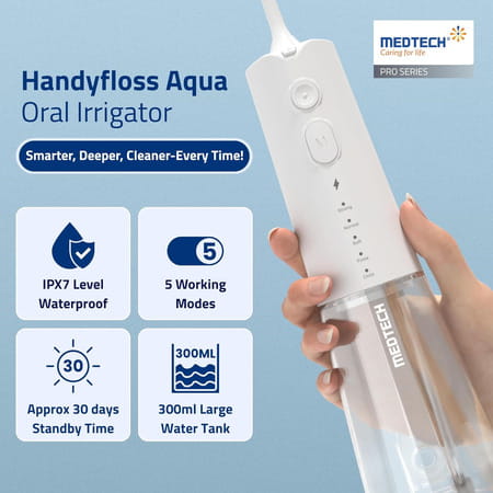 Medtech Handyfloss Aqua Water Flosser For Teeth | 300ml Large Water Tank | 5 Cleaning Modes | 3 Tips
