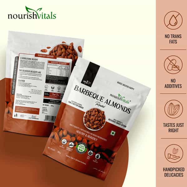 Nourishvitals Barbeque Roasted Almonds 200G X Pack Of 2 - No Added Oil Or Preservatives