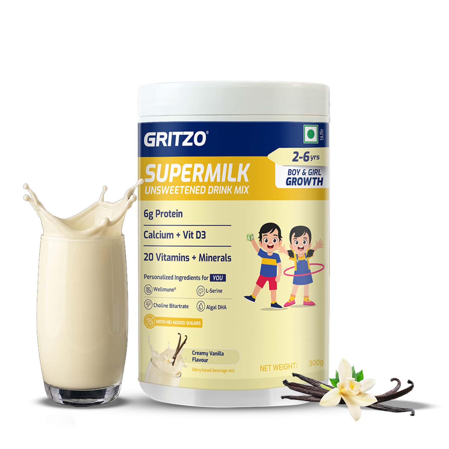 Gritzo Supermilk Growth (2-6y Boy & Girl) Unsweetened Drink Mix | 6g Protein (Creamy Vanilla | 300g)