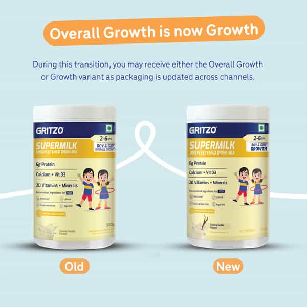 Gritzo Supermilk Growth (2-6Y Boy & Girl) Unsweetened Drink Mix | 6G Protein (Creamy Vanilla | 300G)