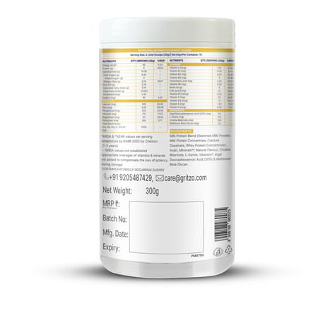 Gritzo Supermilk Overall Growth (2 - 6Y Boy & Girl) Unsweetened | 6G Protein(Creamy Vanilla | 300G)