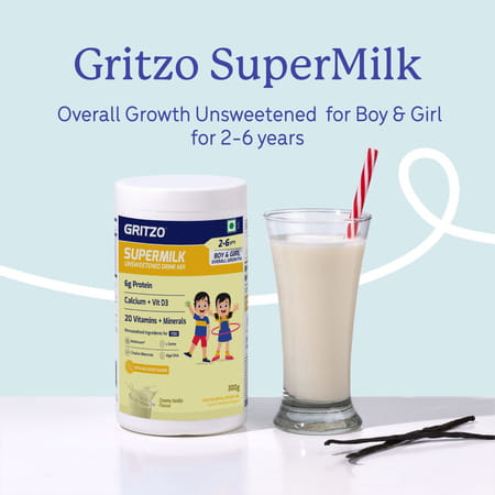 Gritzo Supermilk Overall Growth (2 - 6Y Boy & Girl) Unsweetened | 6G Protein(Creamy Vanilla | 300G)