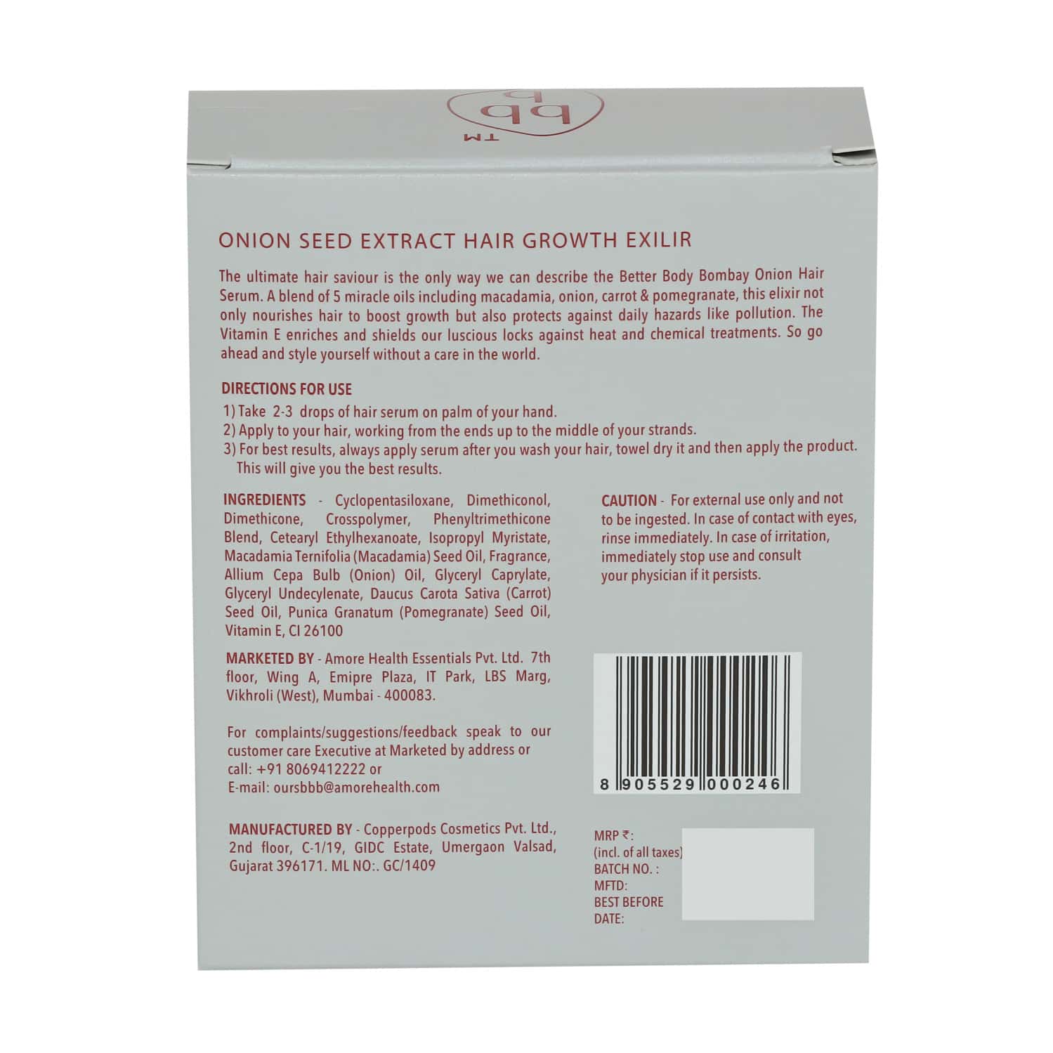 Buy BBB BETTER BODY BOMBAY ONION SEED EXTRACT HAIR GROWTH ELIXIR FOR HAIR FALL CONTROL (50ML