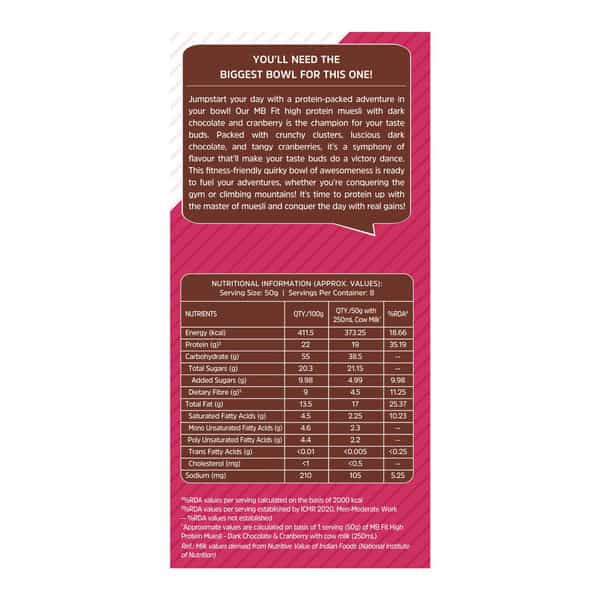 Muscleblaze High Protein Muesli 400 G | Dark Chocolate & Cranberry | Protein Breakfast Cereals