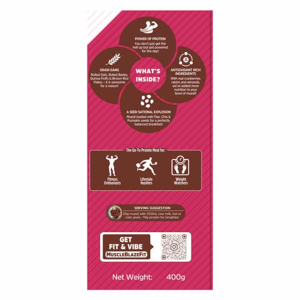 Muscleblaze High Protein Muesli 400 G | Dark Chocolate & Cranberry | Protein Breakfast Cereals