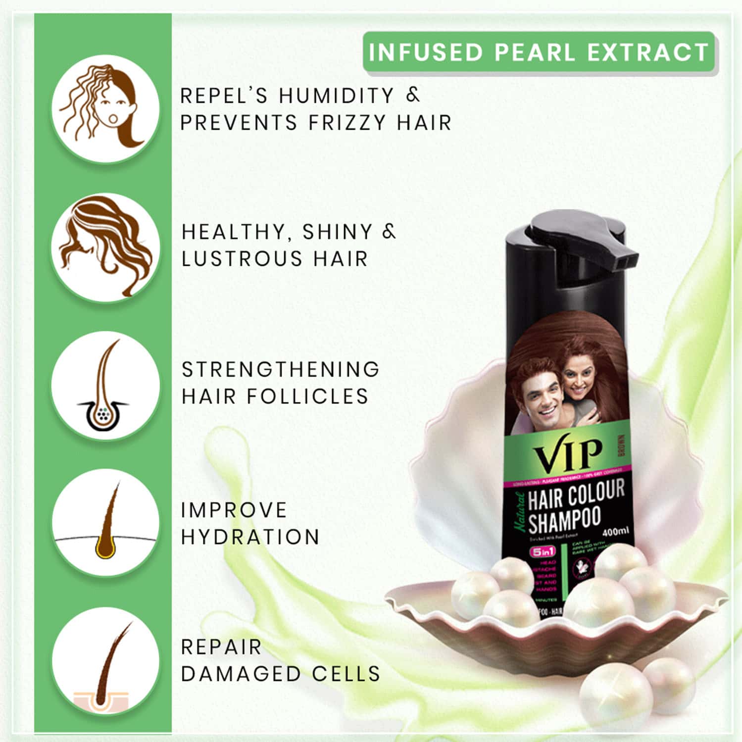 Buy VIP HAIR COLOUR SHAMPOO, 180ML, BROWN FOR MEN AND WOMEN ENRICHED WITH PEARL EXTRACT Online