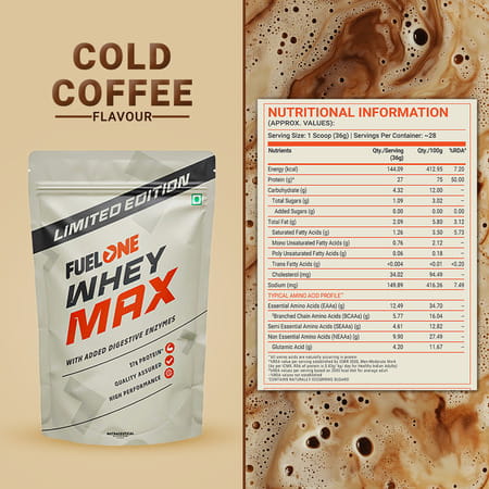 Fuel One Whey Max (Cold Coffee | 1kg / 2.2lbs) | 27g Protein | Whey Protein Concentrate