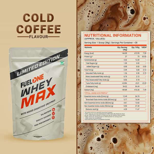 Fuel One Whey Max (Cold Coffee | 1Kg / 2.2Lbs) | 27G Protein | Whey Protein Concentrate