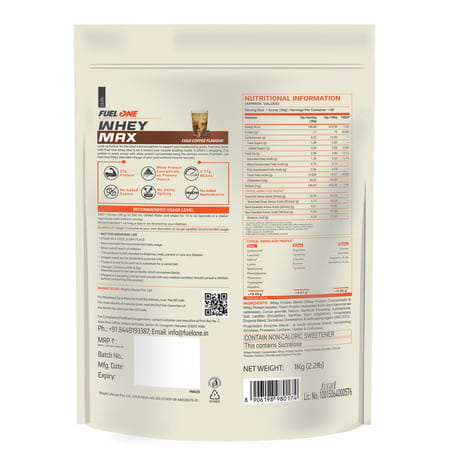 Fuel One Whey Max (Cold Coffee | 1kg / 2.2lbs) | 27g Protein | Whey Protein Concentrate