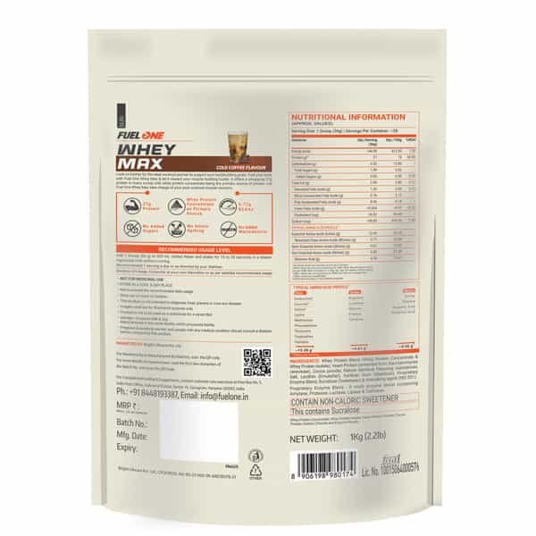 Fuel One Whey Max (Cold Coffee | 1Kg / 2.2Lbs) | 27G Protein | Whey Protein Concentrate