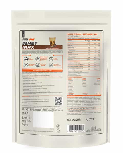 Fuel One Whey Max Protein Blend | Cold Coffee | 1Kg (2.2Lbs) | 27G Protein Per Scoop | 5.46G Bcaa