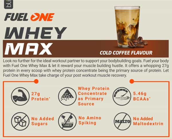 Fuel One Whey Max Protein Blend | Cold Coffee | 1Kg (2.2Lbs) | 27G Protein Per Scoop | 5.46G Bcaa