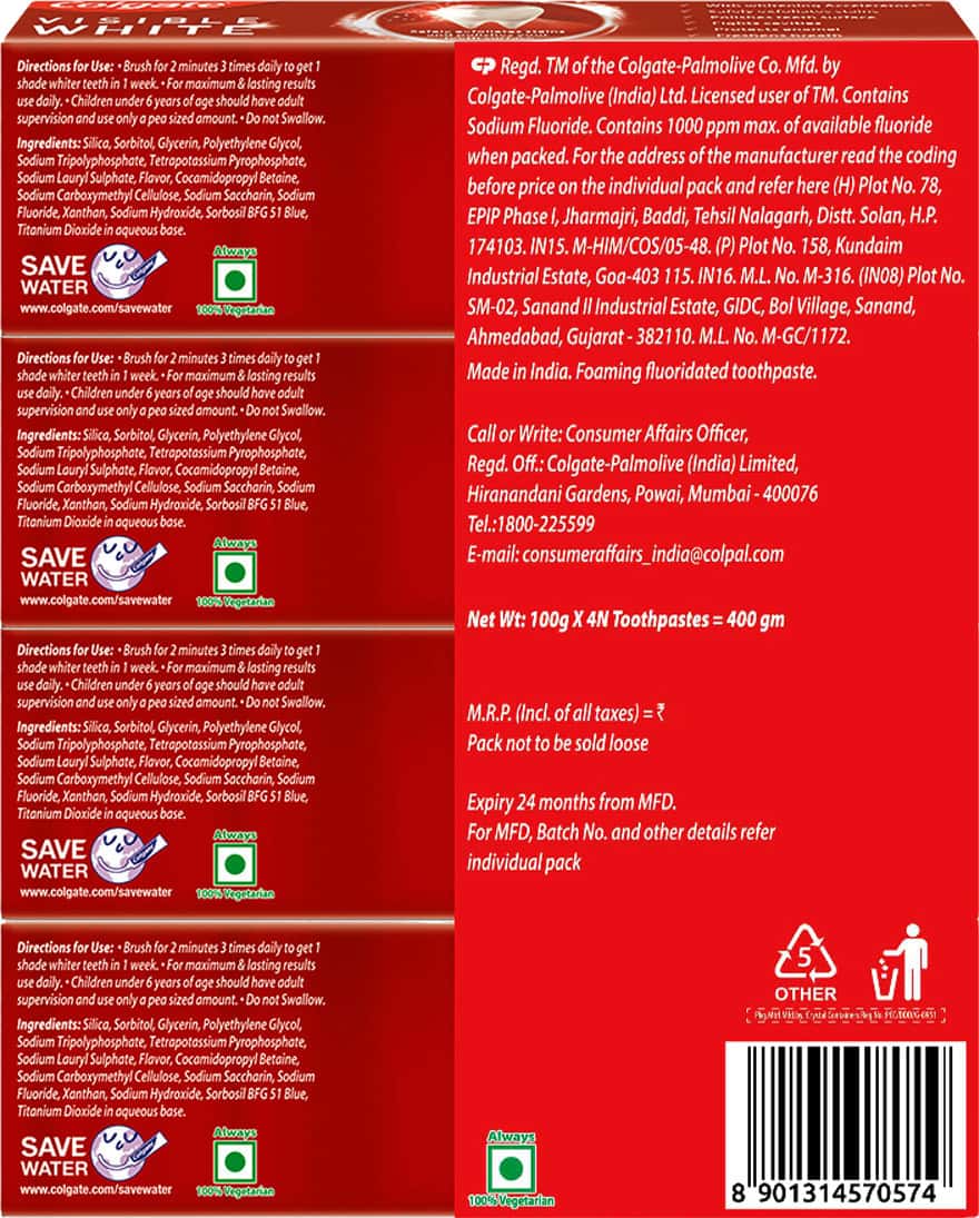 Colgate Visible White Teeth Whitening Toothpaste - 100g X 4 - 400g