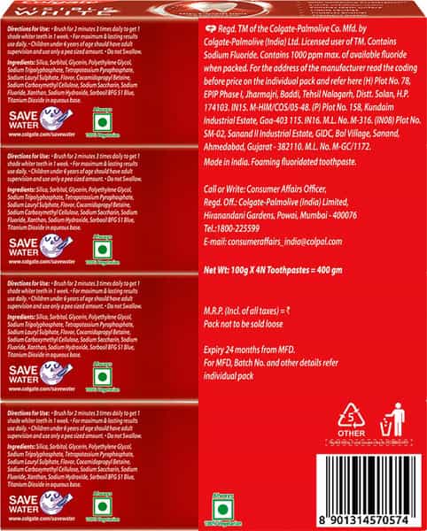 Colgate Visible White Teeth Whitening Toothpaste Family Pack (100G +20G) 480 Gm