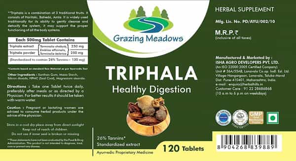 Grazing Meadows Triphala Tablets - Amla : Bibhitaki : Haritaki For Healthy Digestion 120 Tablets