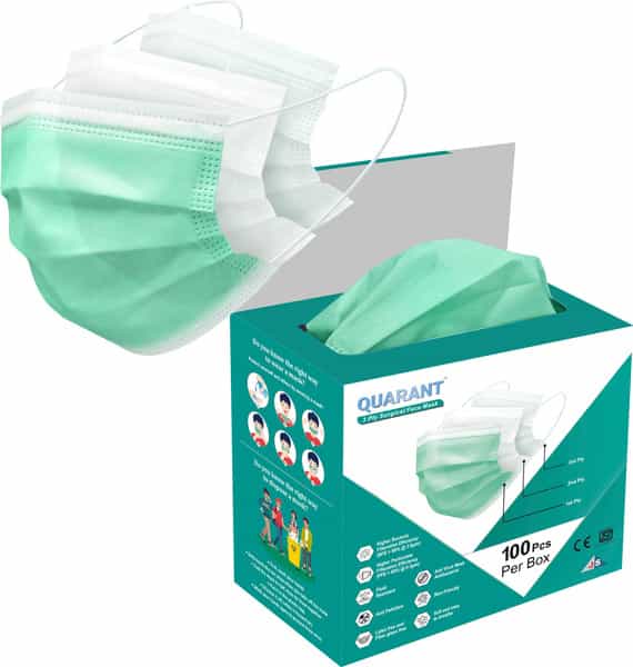 Quarant 3 Ply Green Surgical Face Mask With Adjustable Nose Pin Uv Sterilized - Pack Of 100