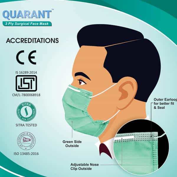 Quarant 3 Ply Green Surgical Face Mask With Adjustable Nose Pin Uv Sterilized - Pack Of 100