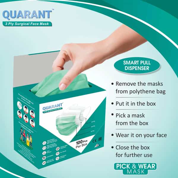 Quarant 3 Ply Green Surgical Face Mask With Adjustable Nose Pin Uv Sterilized - Pack Of 100