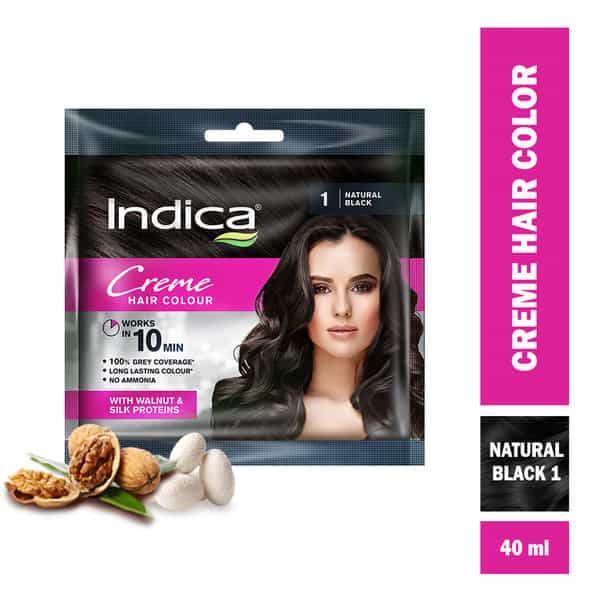 Indica Creme 10 Minutes Hair Color, Long Lasting Colour,Walnut And Silk Proteins,20G + 20Ml,Black