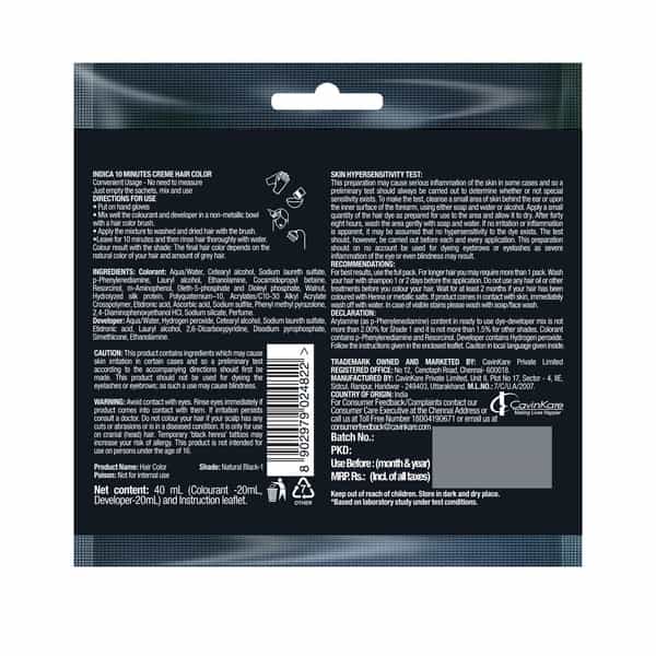 Indica Creme 10 Minutes Hair Color, Long Lasting Colour,Walnut And Silk Proteins,20G + 20Ml,Black