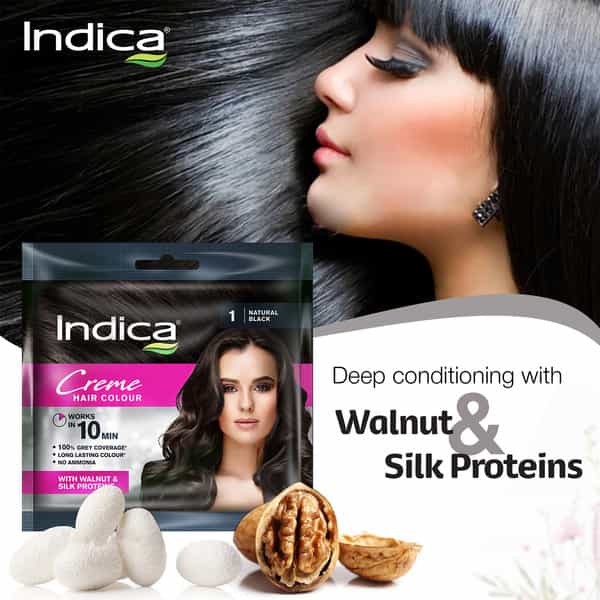 Indica Creme 10 Minutes Hair Color, Long Lasting Colour,Walnut And Silk Proteins,20G + 20Ml,Black
