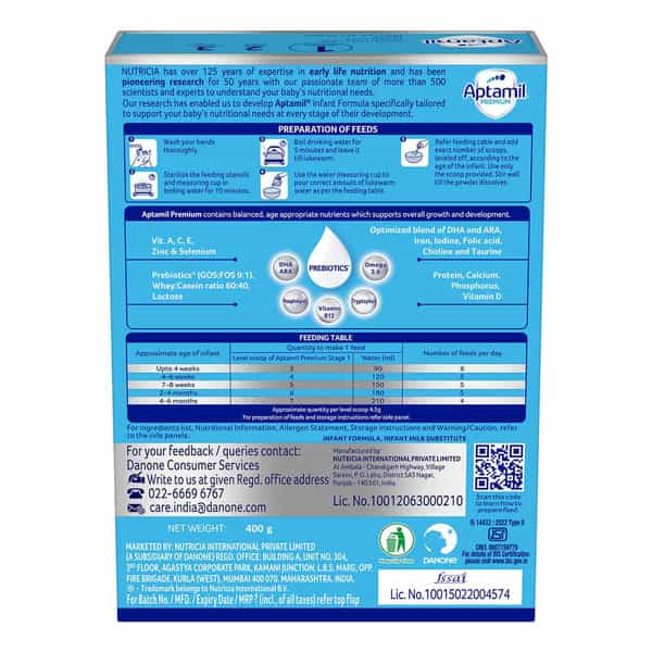 Aptamil Premium | 1 Infant Formula | From Birth To 6 Months | Box 400 Gm