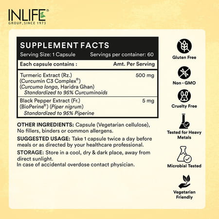 Inlife Turmeric Extract Curcumin C3 Complex (95% Curcuminoids) With Piperine- 60 Veg Caps