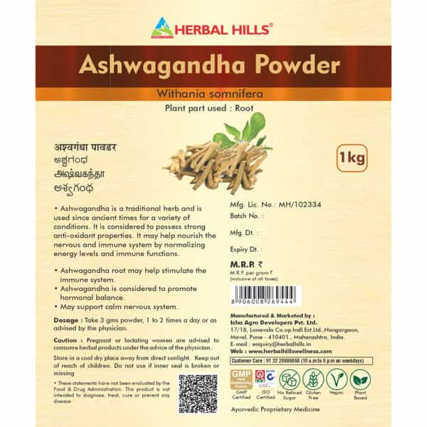 Herbal Hills Ashwagandha Powder - 1Kg - Pack Of 2