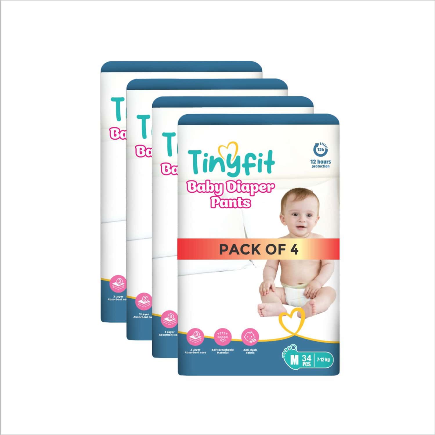 Tinyfit Baby Diaper Pants Medium| Bubble Soft Bed| Multi-Layer Absorption Upto 12 Hrs - M (136 Pcs)