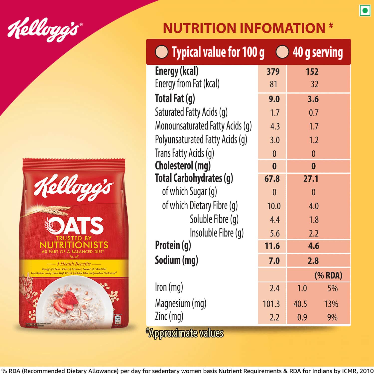 Buy KELLOGG'S OATS TRUSTED BY NUTRITIONISTS 900G POUCH Online & Get