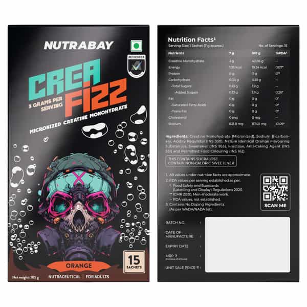 Nutrabay Creafizz Effervescent Powder | Rapid Absorption | Orange Flavour| 15 Sachets (105G)