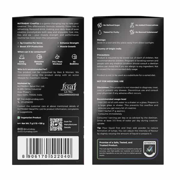 Nutrabay Creafizz Effervescent Powder | Rapid Absorption | Orange Flavour| 15 Sachets (105G)