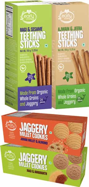 Early Foods Assorted Pack Of 4 Organic Kids Snacks (Ragi & Ajwain Sticks + Jowar & Amaranth Cookies)