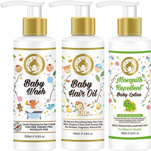 Mom & World Gentle Care - Baby Wash + Baby Hair Oil + Mosquito Repellantlotion (200Ml Each)