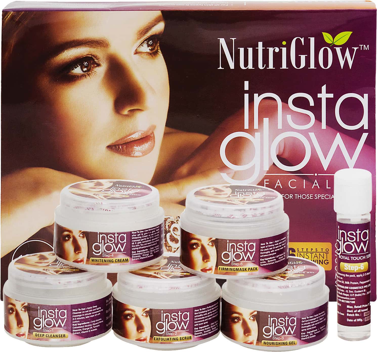 Nutriglow Insta Glow Facial Kit 6-Pieces Skin Care Set For Acne Prone & Brighter Skin(250gm+10ml)
