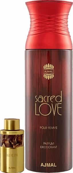 Ajmal Aurum Cp Oil Alcohol-Free Attar 10Ml For Women And Sacred Love Deodorant 200Ml For Women