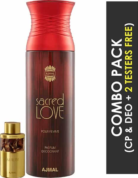 Ajmal Aurum Cp Oil Alcohol-Free Attar 10Ml For Women And Sacred Love Deodorant 200Ml For Women