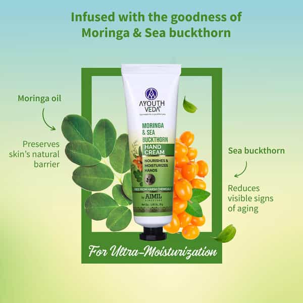 Ayouthveda Moringa & Sea Buckthorn Hand Cream With Vitamin C To Nourish & Protect Dry Hands 30 Gm