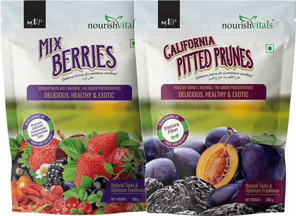 Nourishvitals Healthy Munching Combo | Mix Berries + California Pitted Prunes (200Gm Each)