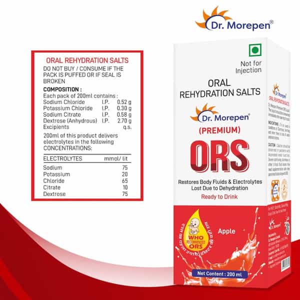 Dr. Morepen Premium Ors Drink With Electrolytes | Apple Flavour - 200Ml Pack Of 10