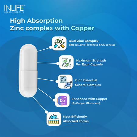 Inlife Zinc Supplements With Zinc Picolinate & Gluconate Complex | Copper Gluconate|120 Veg Capsules