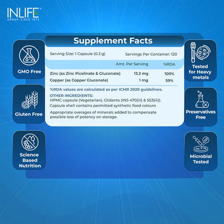 Inlife Zinc Supplements With Zinc Picolinate & Gluconate Complex | Copper Gluconate|120 Veg Capsules