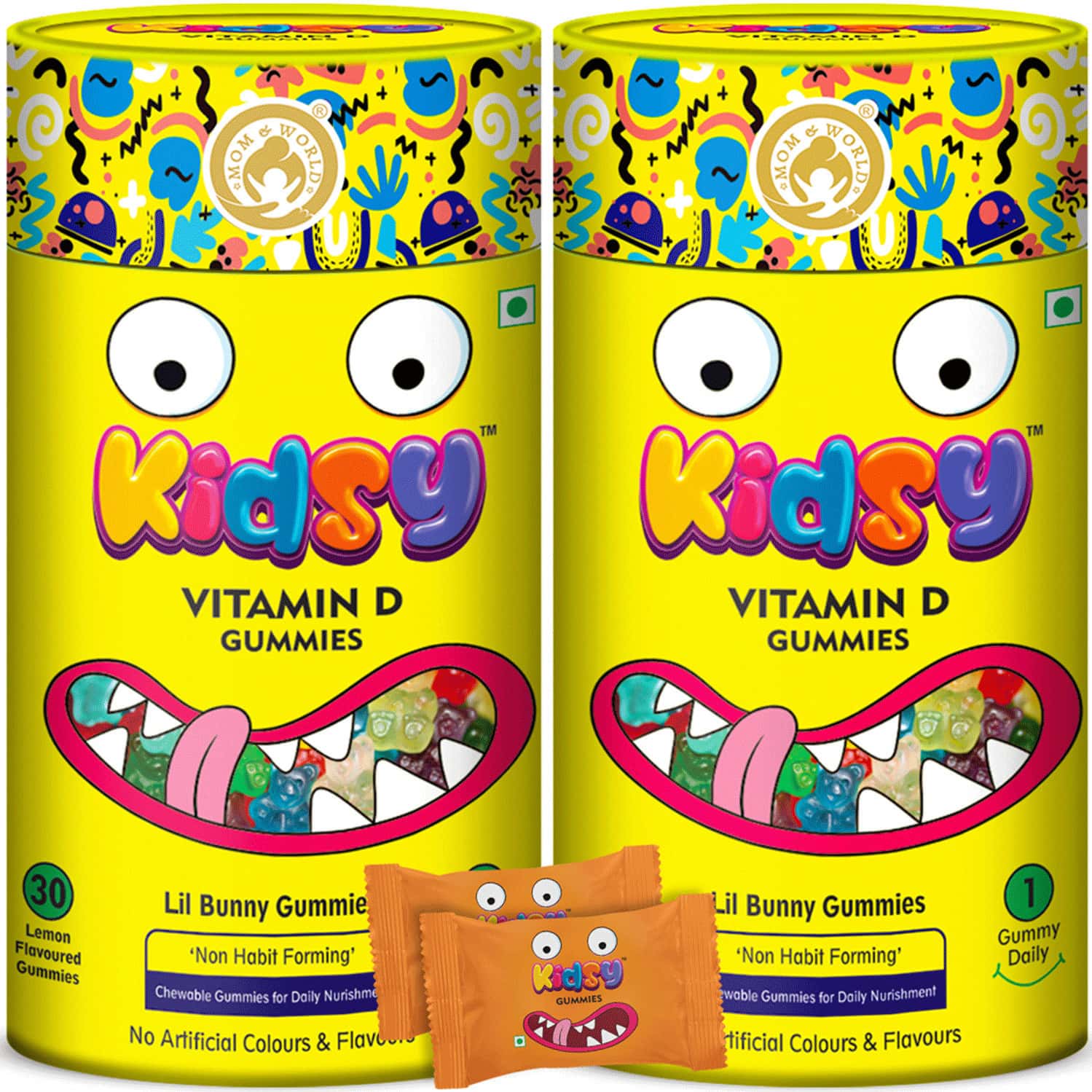 Mom & World Kidsy Vitamin D Gummies For Kids - 30 (Lemon Flavoured) Gummies (Pack Of 2)