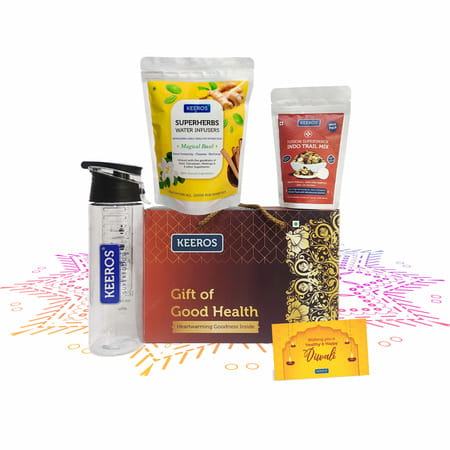 Keeros Healthy Bhai Dooj Gift: Detox Water Bottle | Superherbs Infuser Bundle & Indo Trailmix Snacks