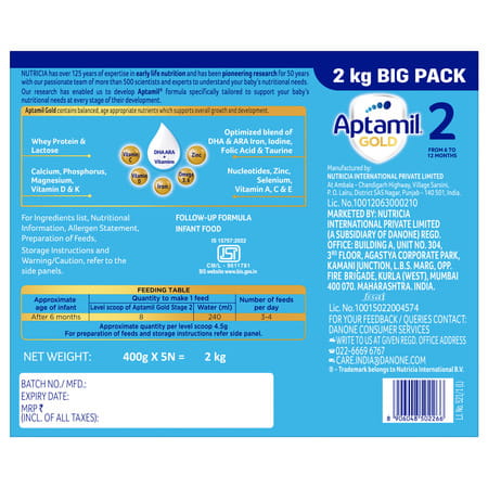 Aptamil Gold Infant Formula Milk Powder For Babies Stage 2 (6-12 Months) With Dha Box 2 Kg