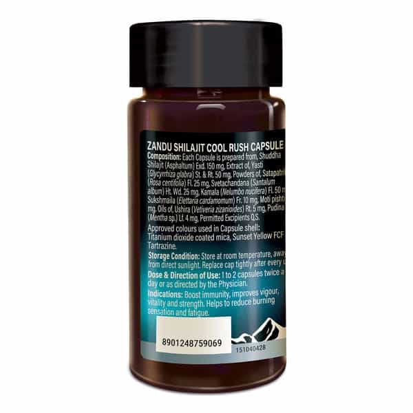 Zandu | Shilajit Cool Rush | 100% Pure Himalayan Shilajit With Cooling Herbs | 60 Capsules